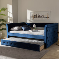 Baxton Studio CF8825-Navy Blue-Daybed-F/T Amaya Modern and Contemporary Navy Blue Velvet Fabric Upholstered Full Size Daybed with Trundle